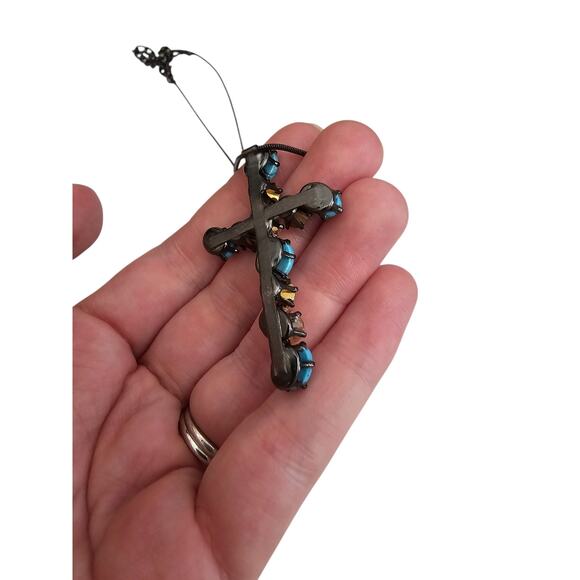 Vintage Southwestern Cross Pendant Necklace w/ Inset Turquoise and Rhinestones - Picture 5 of 5
